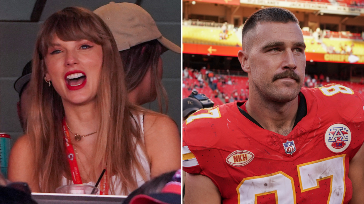 Taylor Swift (left) reacts while watching the Kansas City Chiefs and its tight end Travis Kelce (right) against Chicago Bears at the GEHA Field at Arrowhead Stadium, Kansas City, Missouri, USA on 24 Sept 2023. (Photo: Denny Medley-USA TODAY Sports via Reuters)