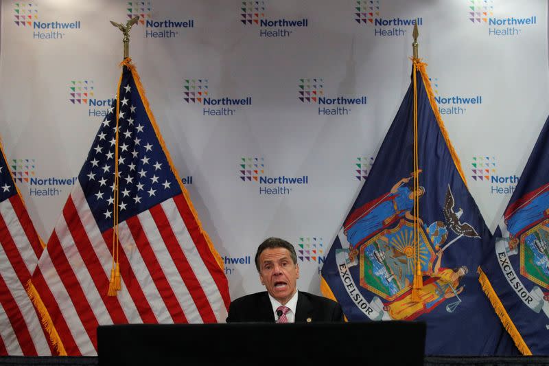 New York Governor Andrew Cuomo speaks at a daily briefing at North Shore University Hospital, during the outbreak of the coronavirus disease (COVID-19) in Manhasset, New York