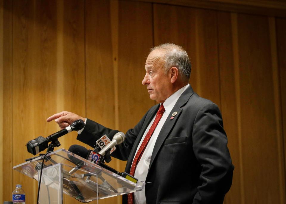 Congressman Steve King speaks during a candidate forum at the Greater Des Moines Partnership office in Des Moines on Thursday, Nov. 1, 2018.