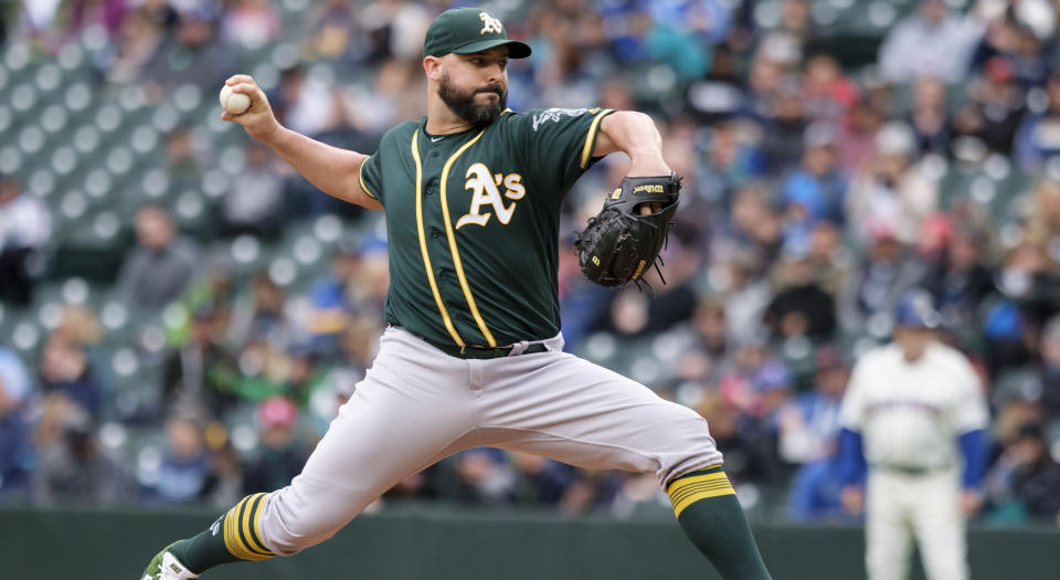 SEATTLE, WA - SEPTEMBER 29: Starter Tanner Roark #60 of the Oakland Athletics delivers a pitch during the first inning of a game against the Seattle Mariners at T-Mobile Park on September 29, 2019 in Seattle, Washington. (Photo by Stephen Brashear/Getty Images) *** Local Caption *** Tanner Roark