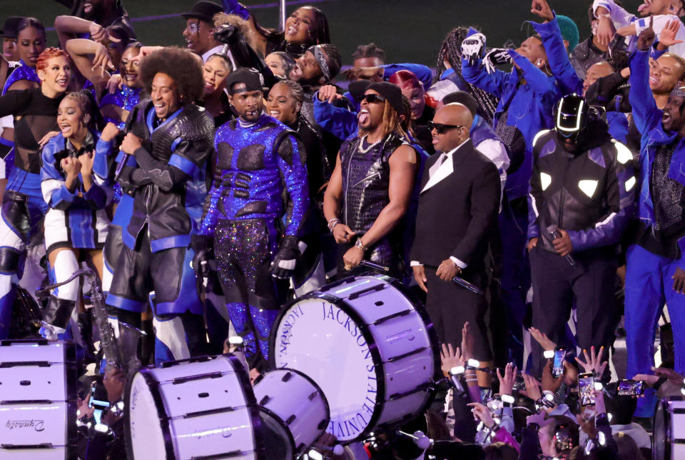 Left to right: Ludacris, Usher, and Lil Jon, Jermaine Dupri and will.i.am perform during the Apple Music Super Bowl LVIII Halftime Show at Allegiant Stadium on February 11, 2024 in Las Vegas. / Credit: / Getty Images