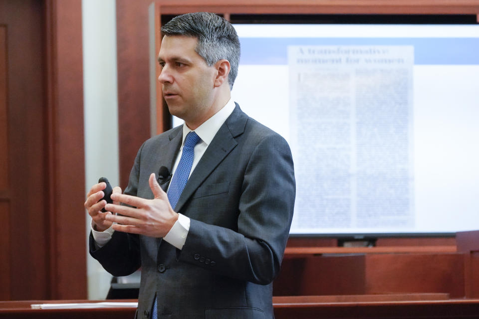 Actor Amber Heard's attorney Benjamin Rottenborn speaks during closing arguments at the Fairfax County Circuit Courthouse in Fairfax, Va., Friday, May 27, 2022. Actor Johnny Depp sued his ex-wife Amber Heard for libel in Fairfax County Circuit Court after she wrote an op-ed piece in The Washington Post in 2018 referring to herself as a "public figure representing domestic abuse." (AP Photo/Steve Helber, Pool)