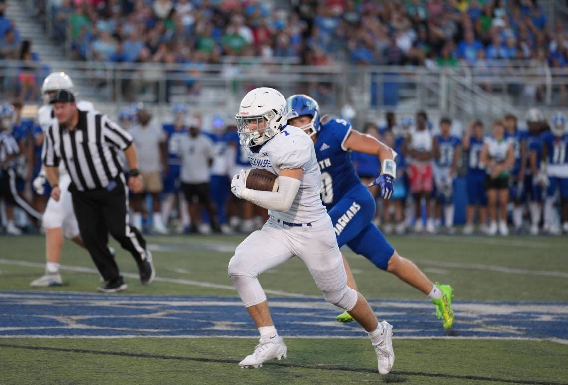Aidan Ryan rushed for four touchdowns in Rockhurst’s 47-10 win at Blue Springs South on Friday. AJ Hildreth/810 Varsity