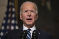 President Joe Biden delivers remarks on climate change and green jobs, in the State Dining Room of the White House, Wednesday, Jan. 27, 2021, in Washington. (AP Photo/Evan Vucci)