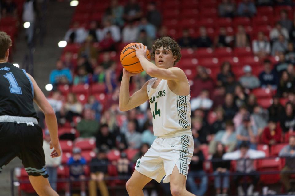 Will Warner made the play of the game with a steal in the final ten seconds to set up a Lyman Simmons game-winner over Sky View during the state championship semifinals Tuesday, Feb. 22, 2022.