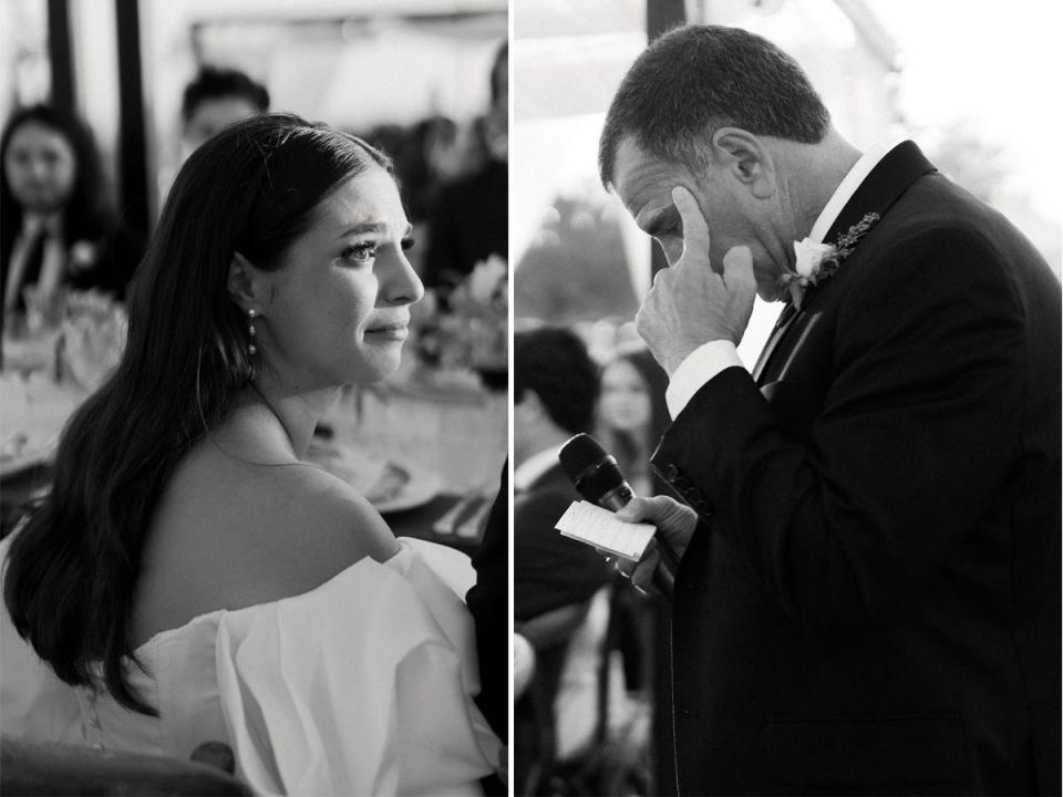 A side-by-side of a bride with tears in her eyes and a father crying as he gives a speech.