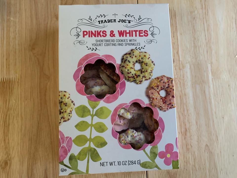 white box of trader joes pink and white cookies