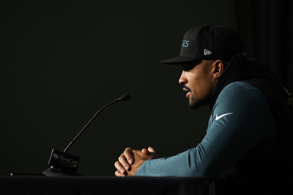 Philadelphia Eagles' Jalen Hurts speaks during a news conference at the NFL football team's training facility, Thursday, Feb. 2, 2023, in Philadelphia. The Eagles are scheduled to play the Kansas City Chiefs in Super Bowl LVII on Sunday, Feb. 12, 2023. (AP Photo/Matt Slocum)