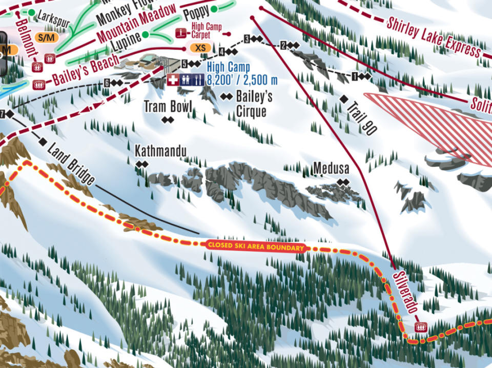 Silverado on a map of Palisades Tahoe. <a href="https://www.palisadestahoe.com/-/media/palisades-tahoe/trail-maps/23-24/palisadesmapmain2324.pdf?rev=e8a8b0f4249e4d4cbf258658c90268e9" rel="nofollow noopener" target="_blank" data-ylk="slk:Courtesy of Palisades Tahoe.;elm:context_link;itc:0;sec:content-canvas" class="link ">Courtesy of Palisades Tahoe.</a>