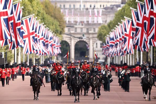 LONDON, ENGLAND - SEPTEMBER 19: Mounties of the Royal Canadian Mounted Police along The Mall on September 19, 2022 in London, England. Elizabeth Alexandra Mary Windsor was born in Bruton Street, Mayfair, London on 21 April 1926. She married Prince Philip in 1947 and ascended the throne of the United Kingdom and Commonwealth on 6 February 1952 after the death of her Father, King George VI. Queen Elizabeth II died at Balmoral Castle in Scotland on September 8, 2022, and is succeeded by her eldest son, King Charles III.  (Photo by Dan Kitwood/Getty Images)