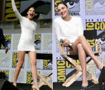 <p>Wonder Woman, Wunder-Beine: Gal Gadot verzauberte ihre Fans auf der Comic-Con im weißen Micro-Kleidchen von Stella McCartney und Sandalen von Aquazurra. (Bilder: Rex Features, AP) </p>