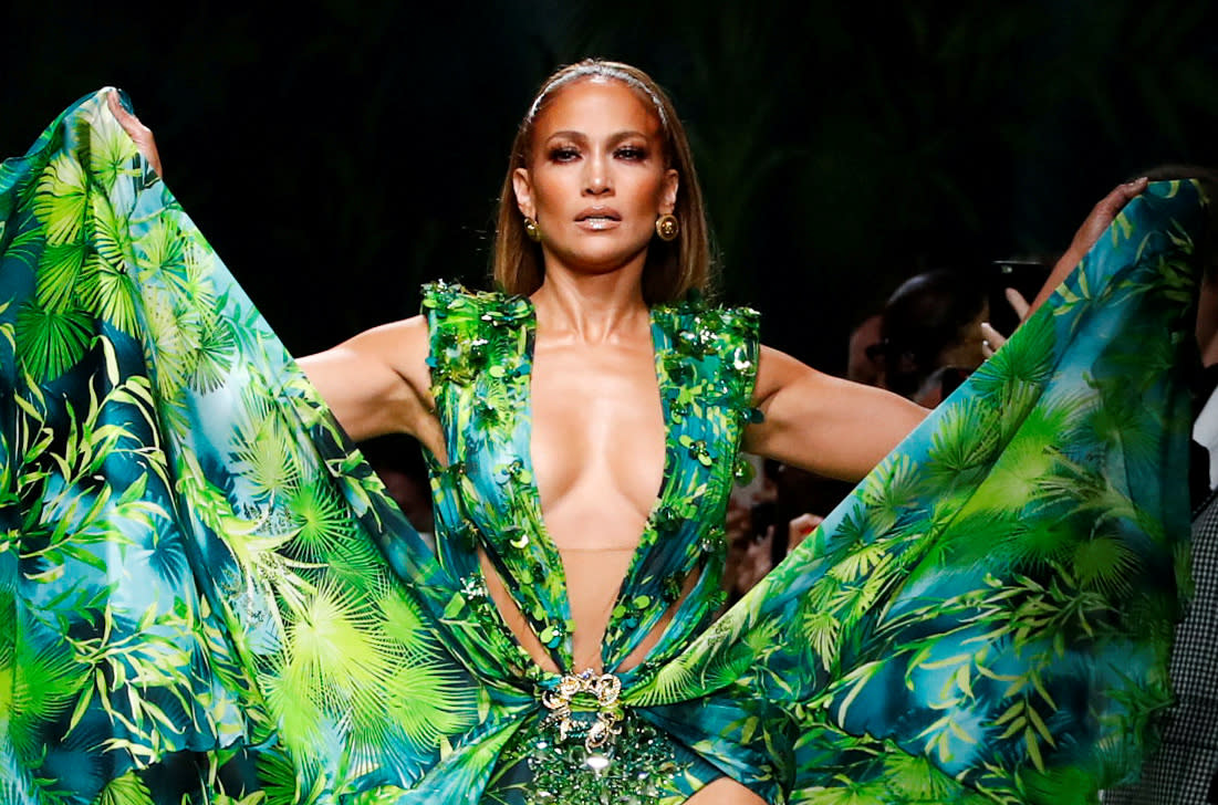 Jennifer Lopez presents a creation from the Versace Spring/Summer 2020 collection during fashion week in Milan, Italy September 20, 2019. REUTERS/Alessandro Garofalo     TPX IMAGES OF THE DAY