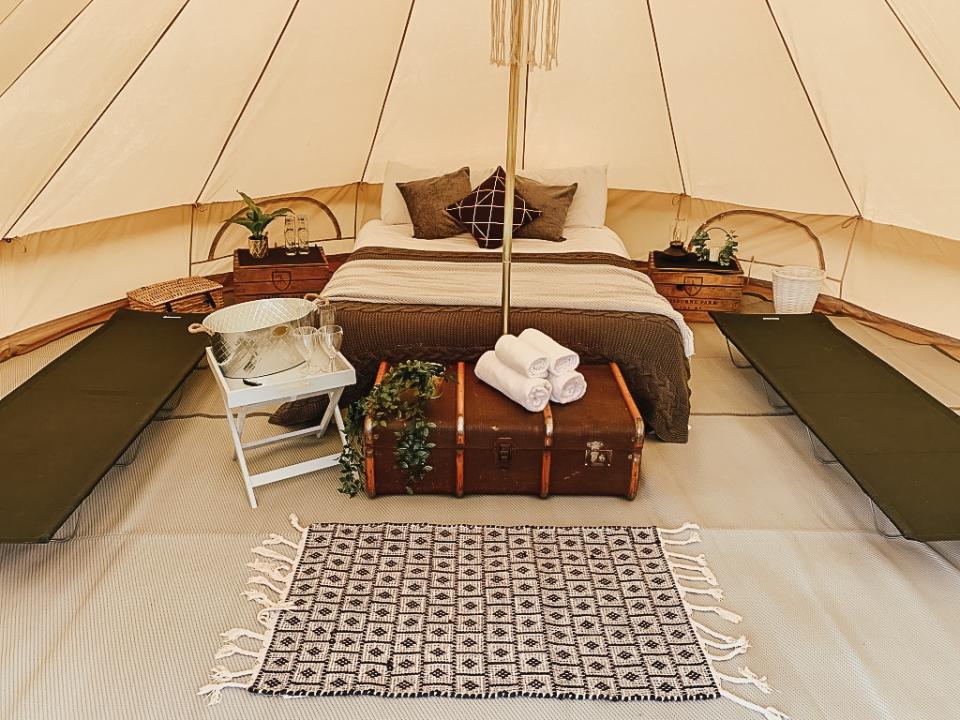 Inside one of the bell tents