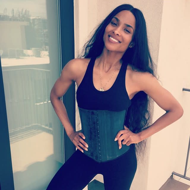 Even the super-fit Ciara is getting in on the celebrity waist training trend. The 29-year-old singer Instagrammed a picture of her already slim waist encased in a corset on Thursday, writing, "After Having My Son I Started Waist Training With @Girlycurves_ To Get My Pre Baby Body Back. Loving The Results! Thank You @Girlycurves_!!" VIDEO: 8 Celebrities Who Waist Train Ciara is just the latest celeb to proudly show off her waist training, following in the footsteps of her pal Kim Kardashian, Khloe Kardashian, <em>Jersey Shore </em>star JWoww and former <em> Real Housewives of Atlanta</em> star Kim Zolciak. Ciara gave birth to her son Future Zahir with her ex, rapper Future, on May 19, 2014. But judging by her recent pics, Ciara doesn't appear to need any help at all when it comes to getting her pre-baby body back. Check her out on Jan. 22 at the Fashion L.A. Awards in West Hollywood, Calif., showing off her abs in a cream-colored tube top. Getty Images On March 28, she was as enviably slim as ever in a slinky black Nili Lotan dress, at the Black Girls Rock event in Newark, New Jersey. But Ciara really turned heads at the White House Correspondents' Dinner on April 28, looking amazing in a figure-hugging gold Walter Mendez gown. She was accompanied by her date, 26-year-old Seattle Seahawks quarterback Russell Wilson, which naturally, set off dating rumors. Getty Images ET's Kevin Frazier actually caught up with Ciara on Friday at First Lady Michelle Obama's speech in Detroit to promote higher education, where she was tight-lipped about the rumored couple's status. "Is it a big secret? I don't know," she smiled. "You know, life is amazing. And I'm really enjoying myself." Clearly, she admires the football star. "He's just an amazing guy, and he's really an awesome person ... very, very intelligent," she gushed. Russell was similarly coy when ET's Nischelle Turner caught up with him at the White House Correspondents' Dinner. "That's why it's my personal life, I don't talk about it too much," Wilson said, smiling. "But, there is someone in mind. I'll say that." PHOTOS: The 7 Hottest Celeb-Athlete Power Couples Ever Ciara's U.S. tour kicks off Sunday, May 3, one day before her sixth studio album, <em>Jackie,</em> hits shelves on Monday, May 4. Watch below: