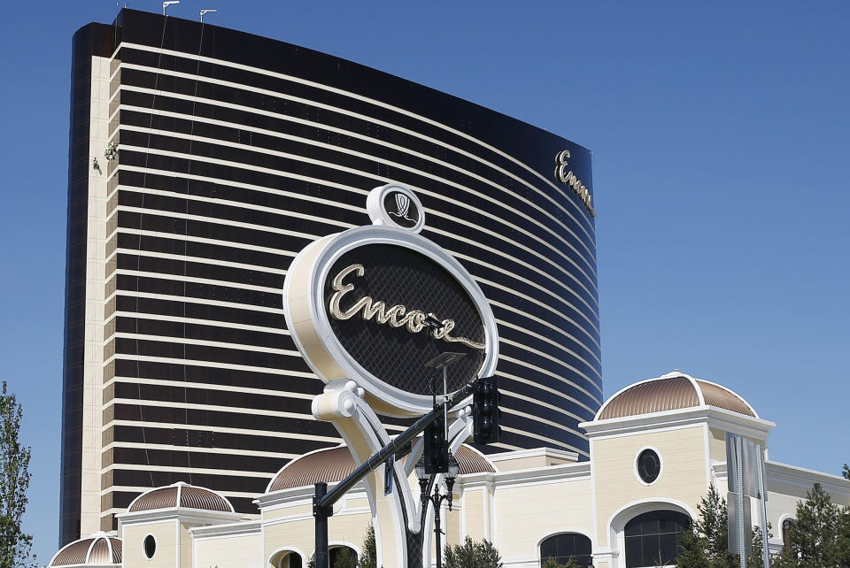 FILE - In this May 22, 2019 file photo, Encore Boston Harbor casino nears completion in Everett, Mass. The casino is scheduled to open on Sunday, June 23. (AP Photo/Michael Dwyer, File)