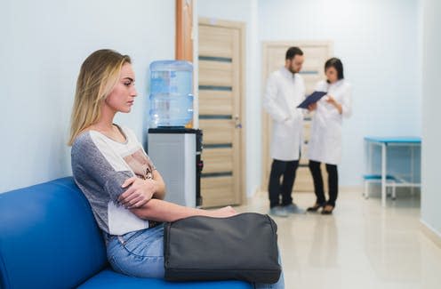 <span class="caption">Many women have to wait years for a diagnosis.</span> <span class="attribution"><a class="link " href="https://www.shutterstock.com/image-photo/young-woman-filling-nervous-sitting-hospital-796833823" rel="nofollow noopener" target="_blank" data-ylk="slk:Roman Kosolapov/ Shutterstock;elm:context_link;itc:0;sec:content-canvas">Roman Kosolapov/ Shutterstock</a></span>