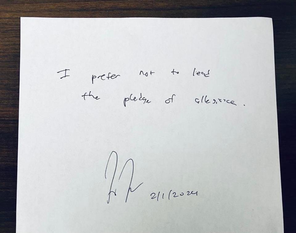 Rep. Justin Jones, D-Nashville, submitted this handwritten note to the House Clerk's office requesting not to lead the Pledge of Allegiance to the U.S. Flag on Feb. 1, 2024.