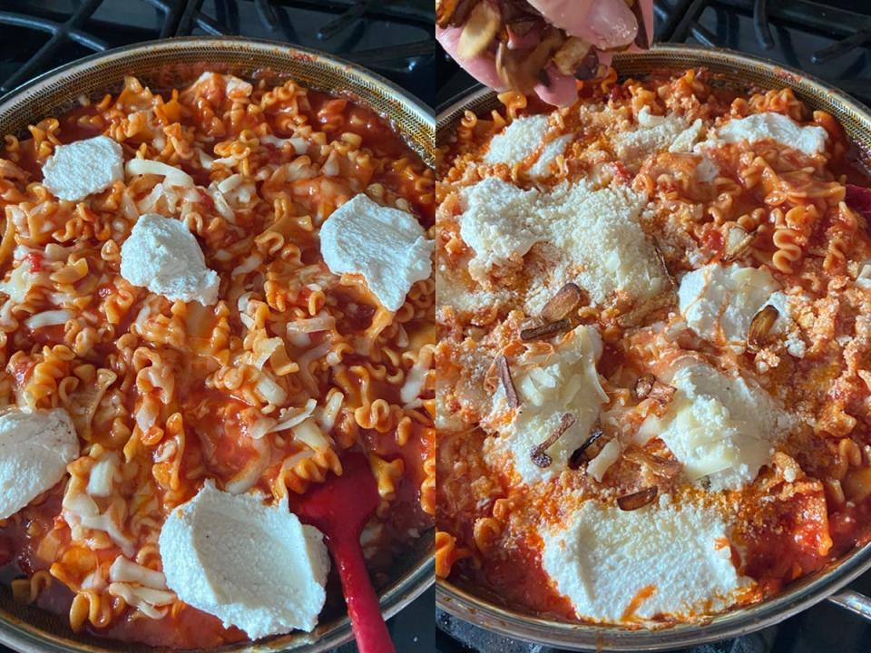 Ricotta cheese in a pasta dish.