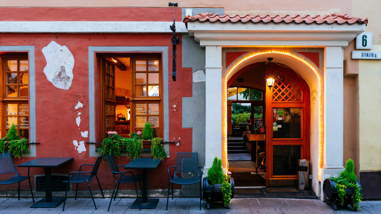  A restaurant exterior in the traditional old town of Vilnius. 