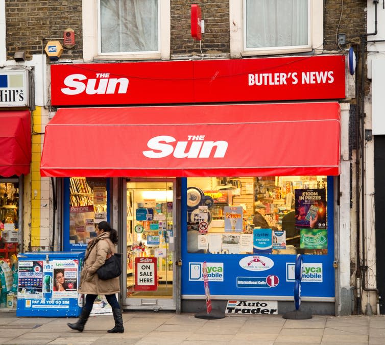 <span class="caption">The Sun newspaper’s circulation fell by 13% during 2019.</span> <span class="attribution"><span class="source">Michaelpuche via Shutterstock</span></span>