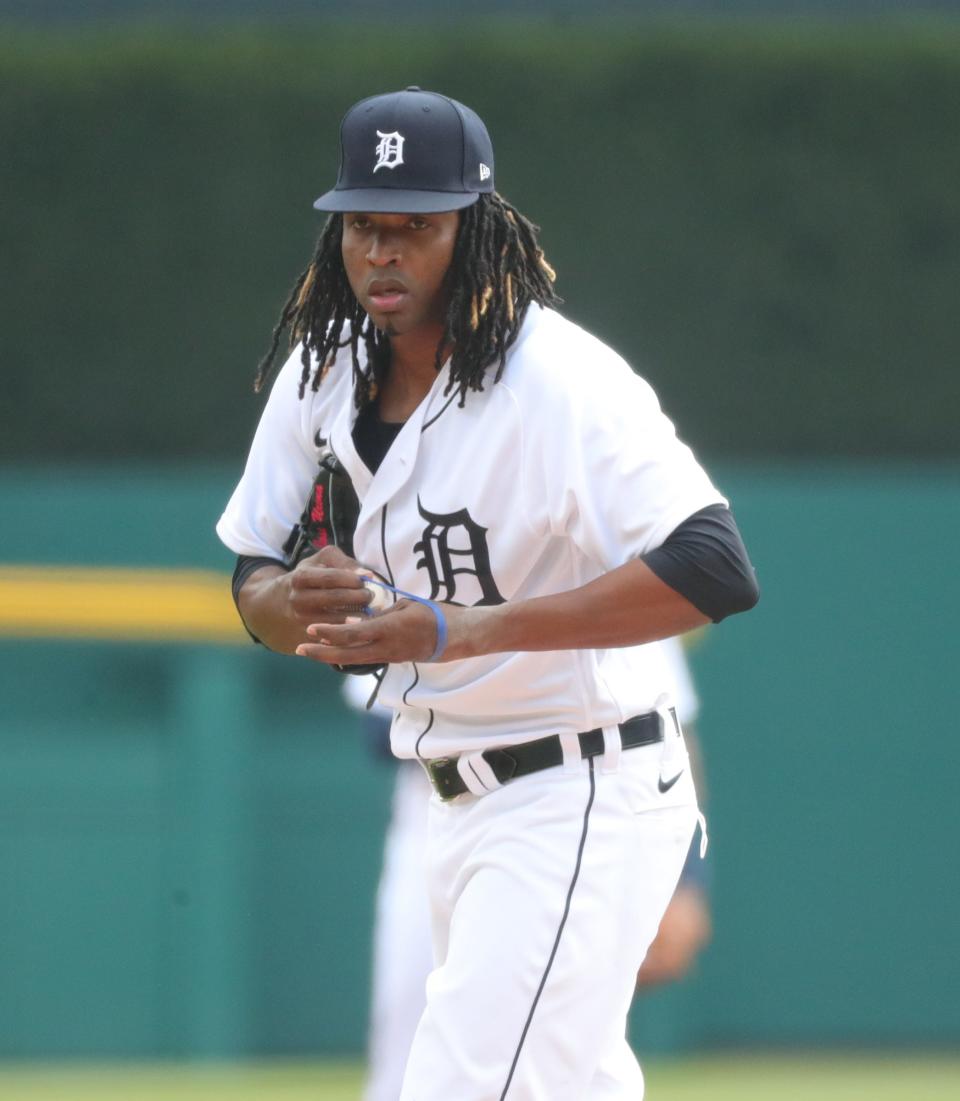 Detroit Tigers starting pitcher Jose Urena (62) pitches against the Minnesota Twins during the first inning Monday, April 5, 2021, at Comerica Park in Detroit.