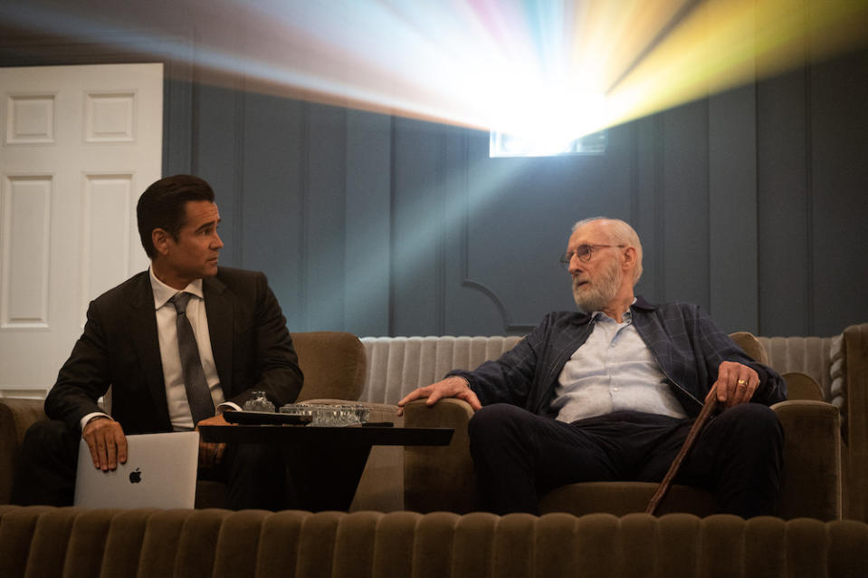 Colin Farrell and James Cromwell sit in a private theater in the Apple series 'Sugar'