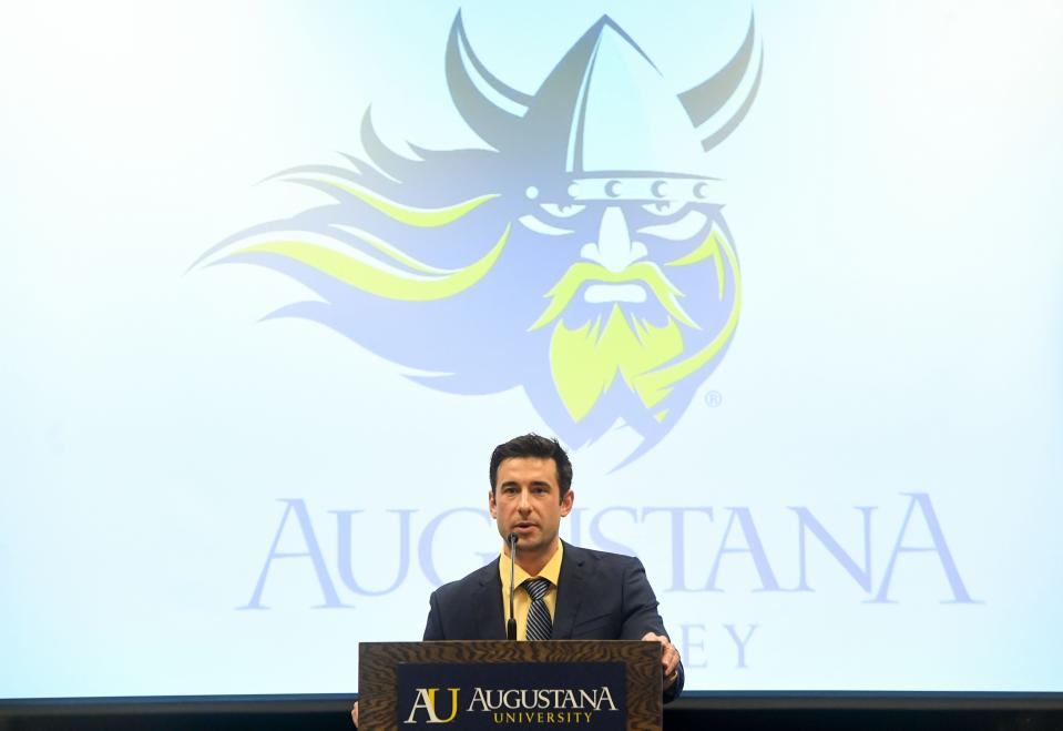 Garrett Raboin speaks at a press conference announcing him as the inaugural head coach of the Viking Hockey program on Tuesday, April 19, 2022, at Augustana University in Sioux Falls.