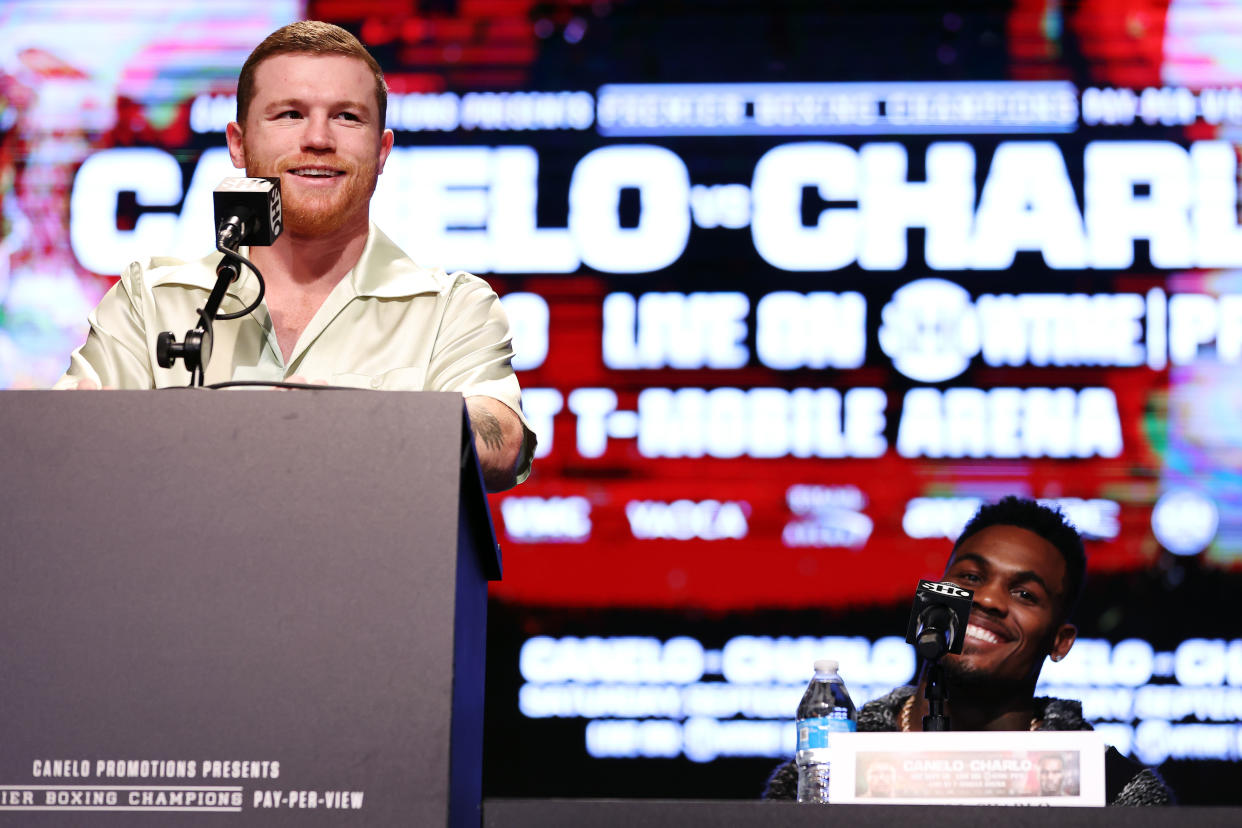 NEW YORK, NEW YORK - AUGUST 15: Canelo Alvarez speaks to media during a press conference to preview their September 30 super middleweight undisputed championship fight against Jermell Charlo at Palladium Times Square on August 15, 2023 in New York City. (Photo by Sarah Stier/Getty Images)
