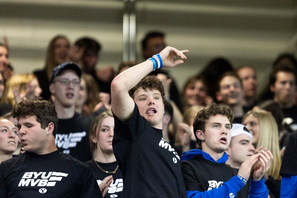 Brigham Young Cougar fans dance before the an NCAA men’s volleyball match against the Long Island Sharks at the Smith Fieldhouse in Provo on Thursday, Feb. 8, 2023. | Marielle Scott, Deseret News