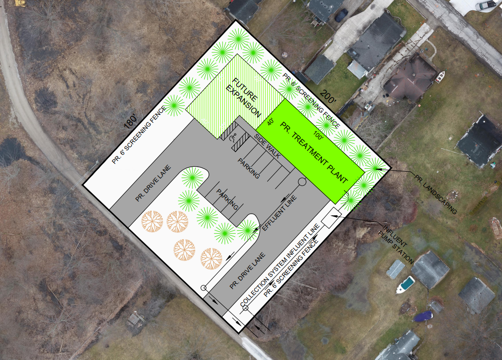 Slated for property on the end of Maple Street by Sans Souci, an outline is shown for the algae-based wastewater treatment plant proposed for Harsens Island.