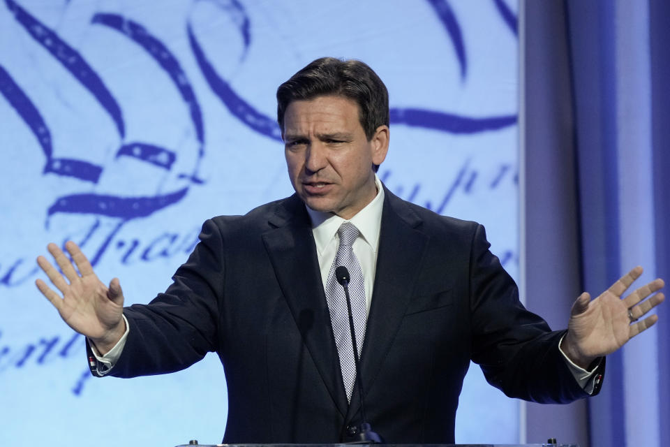 Republican presidential candidate Florida Gov. Ron DeSantis speaks at the Moms for Liberty meeting in Philadelphia, Friday, June 30, 2023. (AP Photo/Matt Rourke)