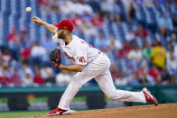 Philadelphia Phillies starting pitcher Zack Wheeler throws during the first inning of a baseball game against the Atlanta Braves, Friday, July 23, 2021, in Philadelphia. (AP Photo/Chris Szagola)