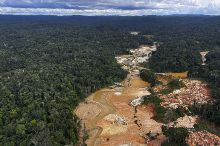 Vue aérienne d'un campement d'orpailleurs dans le territoire yanomami, le 24 février 2023, dans l'Etat brésilien de Roraima (nord)  (AFP - ALAN CHAVES)