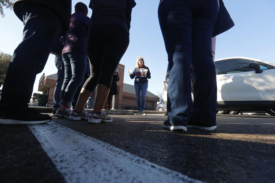 Democratic Precinct Chair Monica Shevell speaks to volunteers before a for a voter registration drive in Richardson, Texas, Saturday, Jan. 18, 2020. Democrats are hoping this is the year they can finally make political headway in Texas and have set their sights on trying to win a majority in one house of the state Legislature. (AP Photo/LM Otero)