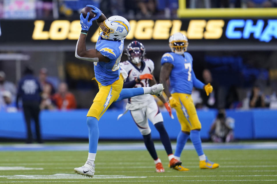 Los Angeles Chargers tight end Donald Parham Jr. (89) pulls in a catch against the Denver Broncos during the first half of an NFL football game, Monday, Oct. 17, 2022, in Inglewood, Calif. (AP Photo/Marcio Jose Sanchez)