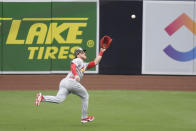 St. Louis Cardinals center fielder Harrison Bader catches a ball hit by San Diego Padres' Manny Machado during the second inning of a baseball game Saturday, May 15, 2021, in San Diego. (AP Photo/Denis Poroy)