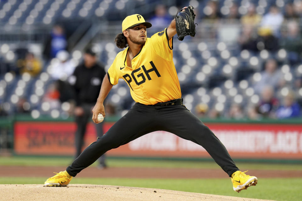 Pittsburgh Pirates starting pitcher Jared Jones delivers during the first inning of a baseball game against the Chicago Cubs, Friday, May 10, 2024, in Pittsburgh. (AP Photo/Matt Freed)