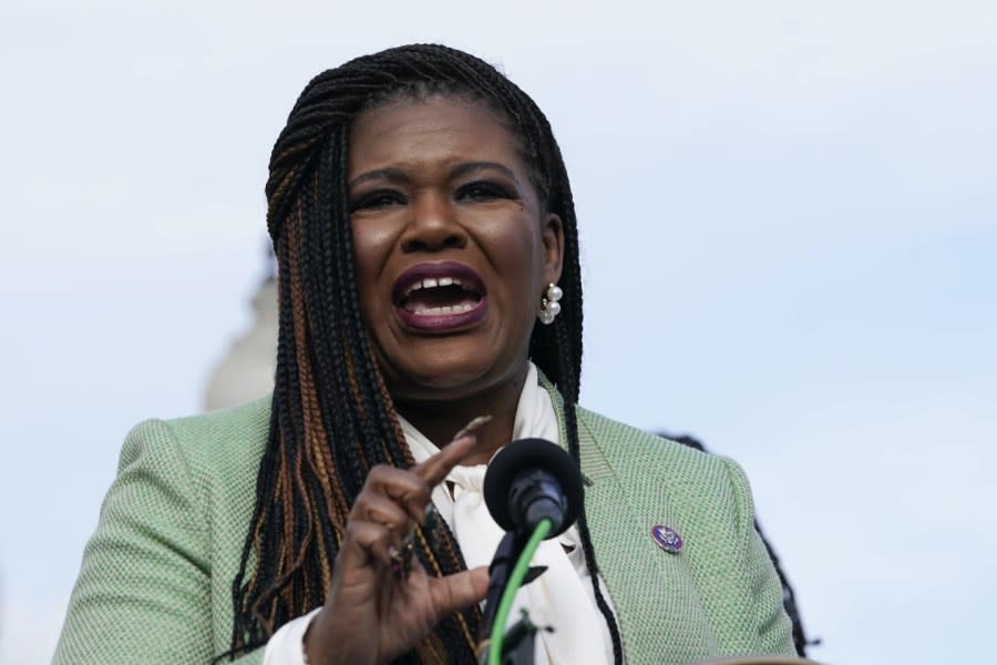 Rep. Cori Bush, D-Mo., speaks during a news conference, Dec. 8, 2022, on Capitol Hill in Washington. (AP Photo/Mariam Zuhaib, file)