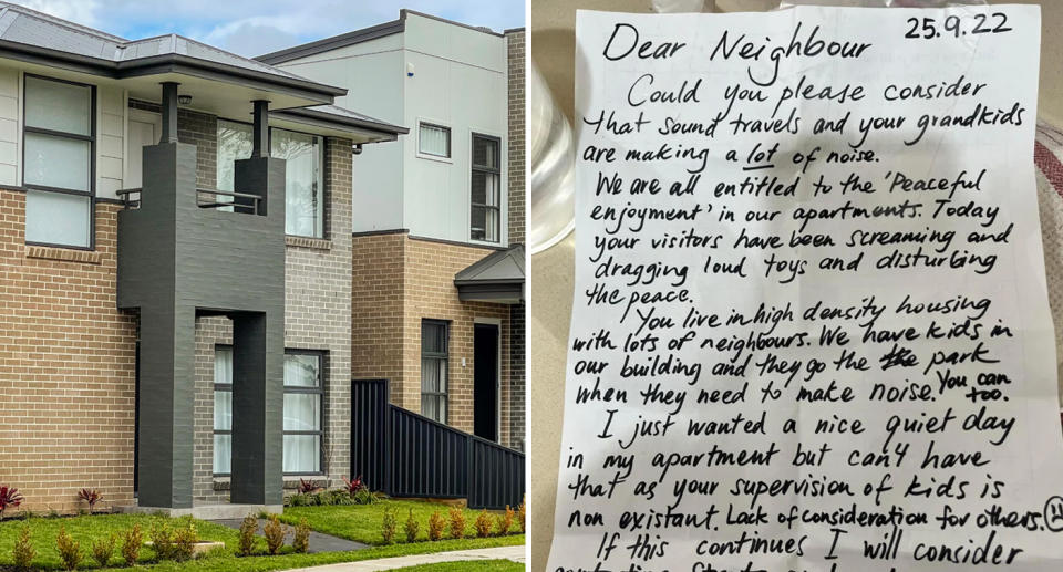 A note (pictured on the right) left by a neighbour for people taking care of their grandchildren in Strathfield, Sydney, has procured mixed opinions. Source: Reddit/ Sarcasticman22