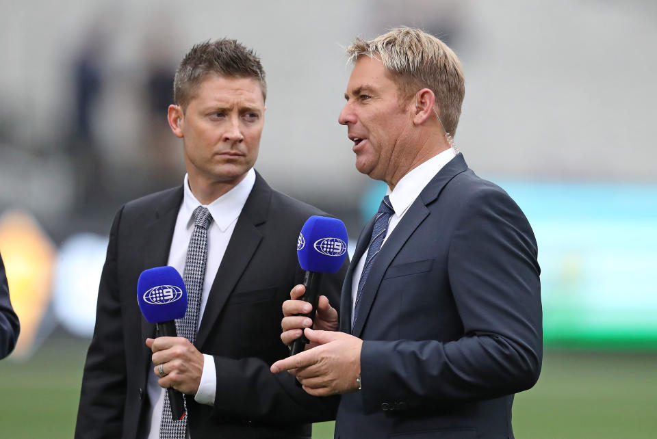 Michael Clarke and Shane Warne, pictured here in commentary for Channel Nine in 2016.