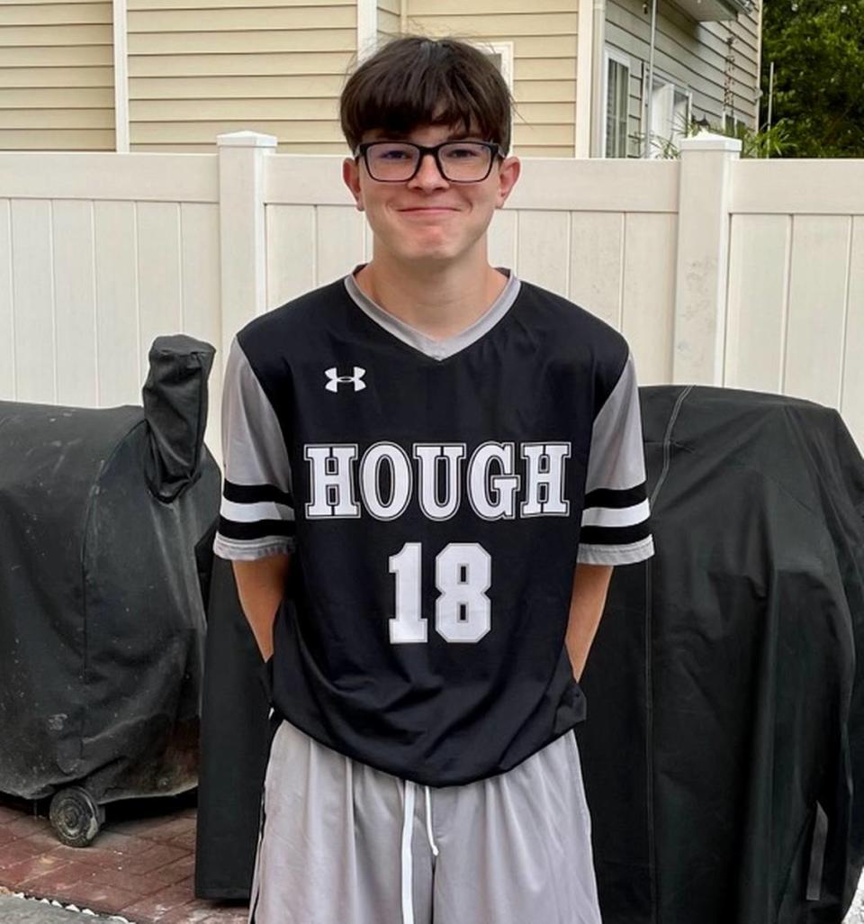 Antonio ‘Capy’ Suarez, a 15-year-old freshman at Hough High, wore No. 18 for the school when he starred for the JV soccer team in a tribute to his father, Tony Suarez.