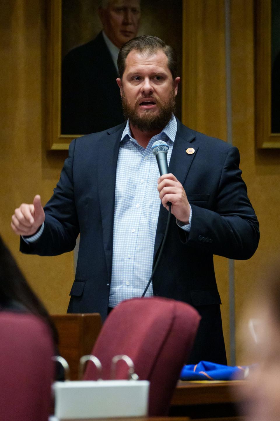 Sen. Jake Hoffman (R-D15), the lone republican to vote against Senate Bill 1299, is seen here speaking at the Arizona State Capitol March 20, 2023.