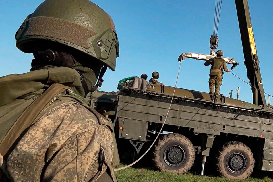 In this photo taken from video on Monday, June 10, 2024, and released by the Russian Defense Ministry Press Service, Russian troops prepare a missile launcher for joint Russian-Belarusian drills intended to train the military to use tactical nuclear weapons. (Russian Defense Ministry Press Service)