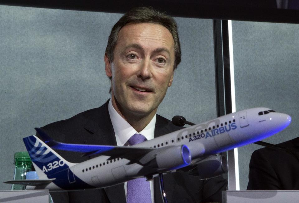 Airbus CEO Fabrice Bregier, speaks during the annual press conference for commercial results in Toulouse, southwestern France, Thursday, Jan. 17, 2013. Airbus says it delivered a record 588 aircraft last year, while taking in gross order for 914 new jets, is well above its earlier forecasts. A model of an Airbus 320 in the foreground. (AP Photo/Michel Euler)