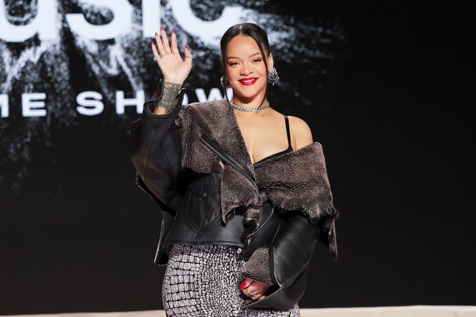 Rihanna at the Super Bowl LVII Halftime Show Press Conference held at Phoenix Convention Center on February 9, 2023 in Phoenix, Arizona.