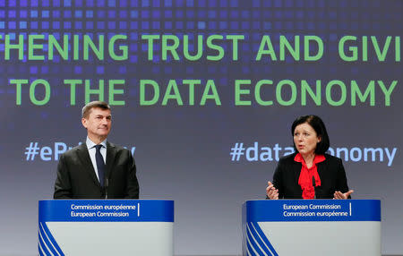 Andrus Ansip, Commission vice-president for the digital single market (L) and EU Justice Commissioner Vera Jourova hold a joint news conference on the European Commission proposal to extend some rules that now only apply to telecom operators to web companies offering calls and messages using the internet, at the EC headquarters in Brussels, Belgium January 10, 2017. REUTERS/Yves Herman