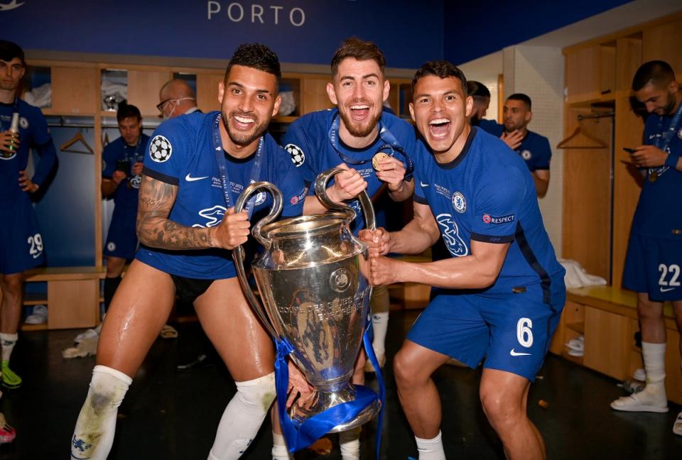 Thiago Silva, right, celebrates winning the Champions League (Getty)