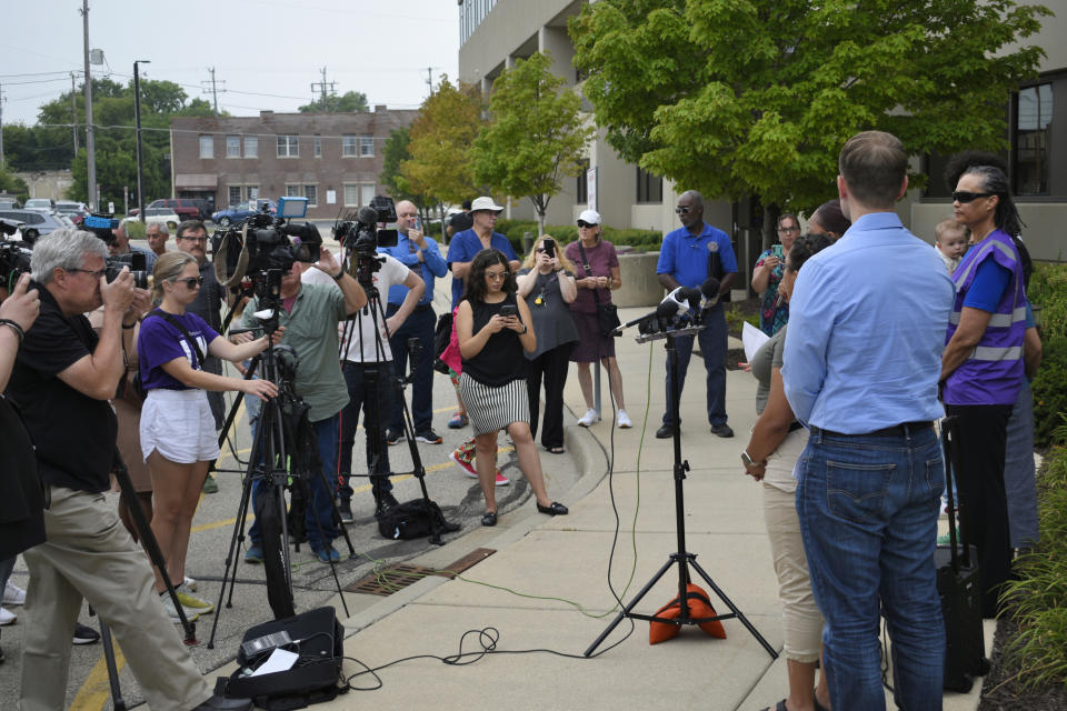 Tanya McLean, executive director of Leaders of Kenosha, said she and members of other groups want to know why police officers are not being respectful to community members here in Kenosha, Wis., Wednesday, Aug. 9, 2023. Representatives from several local organizations met with the media to decry actions of local police officers who they said brutalized and detained the wrong person at a restaurant after a nearby hit-and-run car crash. (Joe States/The Kenosha News via AP)