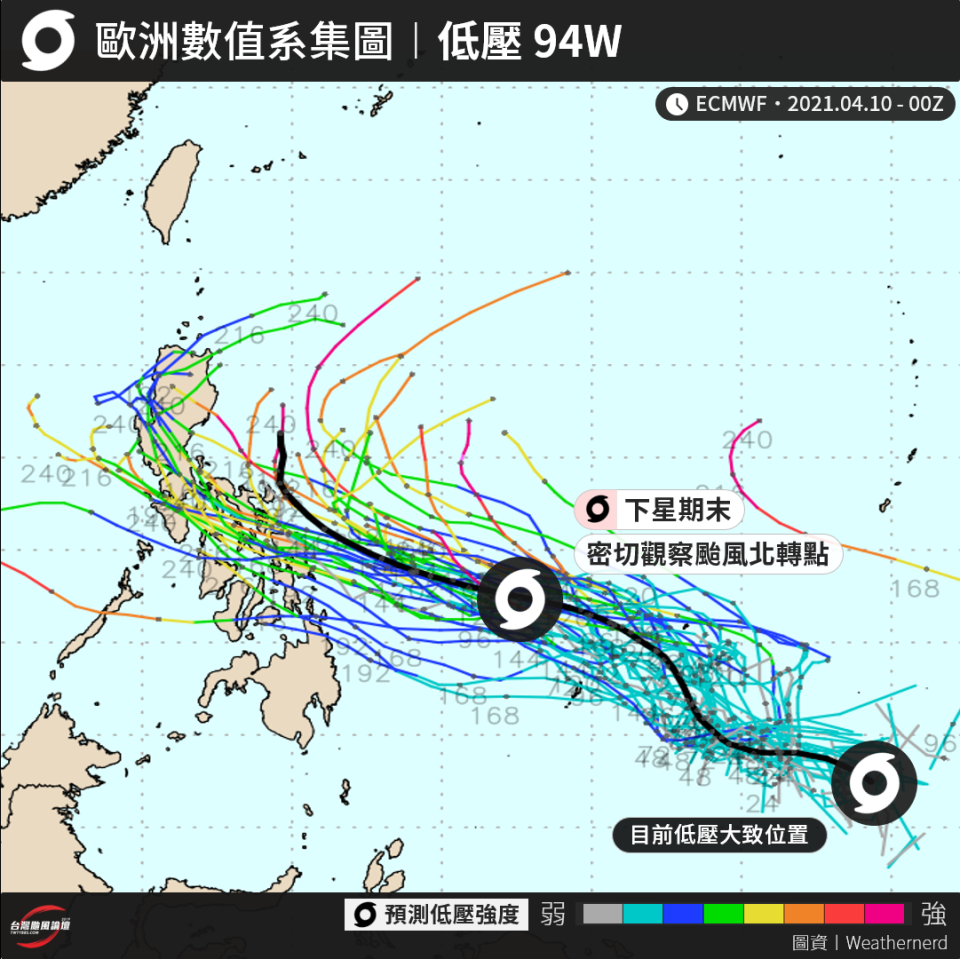 颱風的雛形已經出現「就是現在在帛琉東南方的低壓94W」。（圖／翻攝自台灣颱風論壇｜天氣特急臉書）