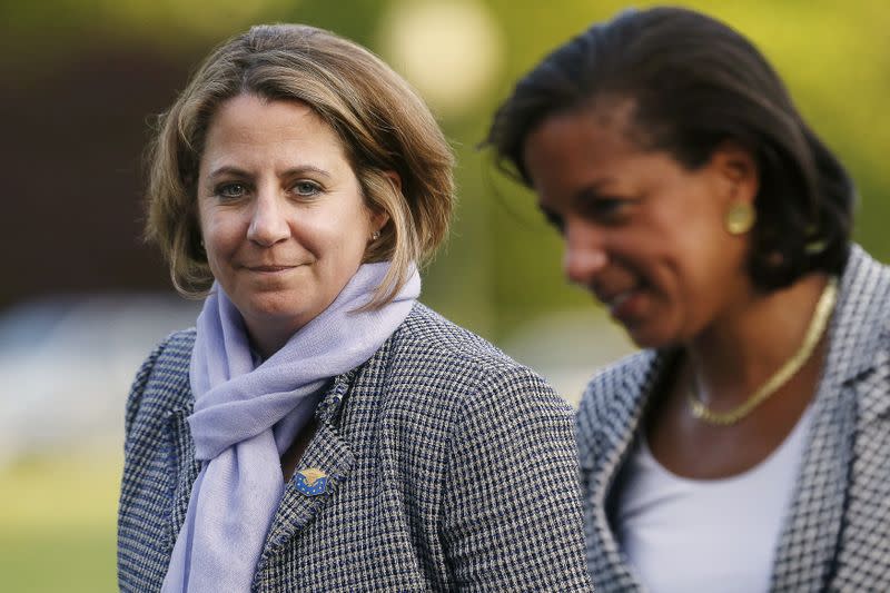 FILE PHOTO: White House Homeland Security Advisor Monaco and National Security Advisor Rice arrive with President Obama at the White House